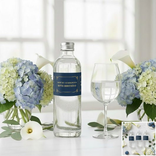 Water Bottle Label Chic Navy Gold 80th Birthday Wasserflaschenetikett