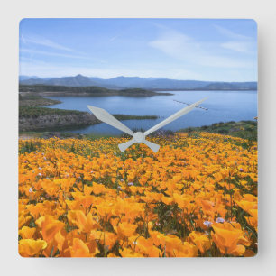 Water California Lake With Golden Poppies Quadratische Wanduhr