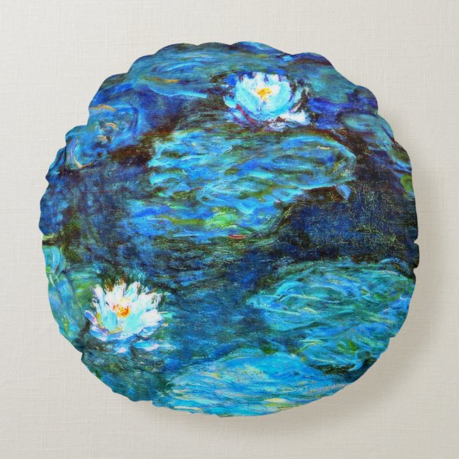 Water Lilies (blue) by Claude Monet Rundes Kissen (Vorderseite)