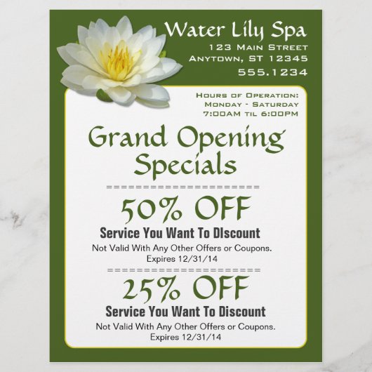 Water Lily Wellness-Center Coupon Flyer (Vorne)