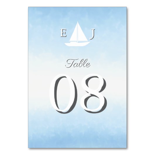Water Meets Sky Watercolor Wedding Tischnummer (Vorderseite)