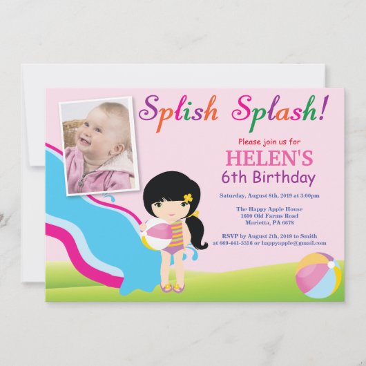 Water Slide Pool Party Birthday Invitation Girl Einladung (Vorderseite)