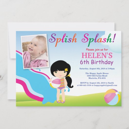 Water Slide Pool Party Birthday Invitation Girl Einladung (Vorderseite)