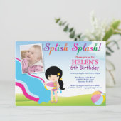 Water Slide Pool Party Birthday Invitation Girl Einladung (Stehend Vorderseite)