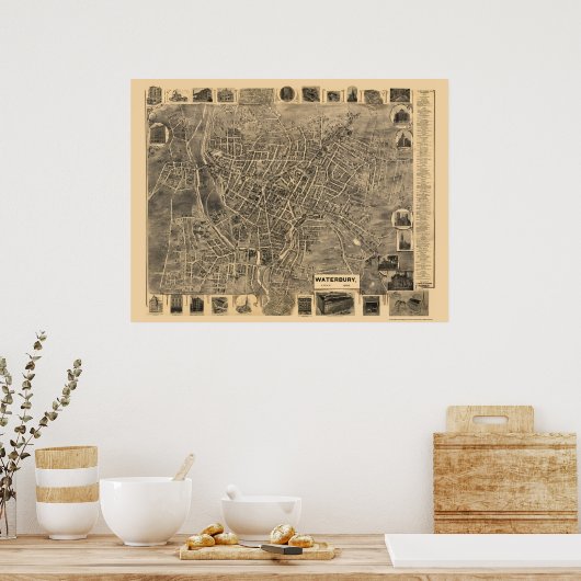 Waterbury, CT Panoramic Map - 1899 Poster (Küche)