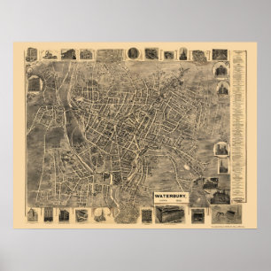 Waterbury, panoramische Karte CT - 1899 Poster