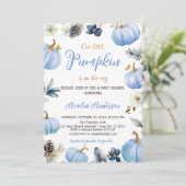 Watercolor A Little Pumpkin Fall Boy Baby Shower Einladung (Stehend Vorderseite)