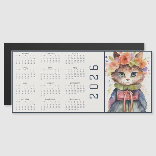 Watercolor Abstract Cat Dressed Florals Calendar Magnetkarte (Vorne/Hinten)
