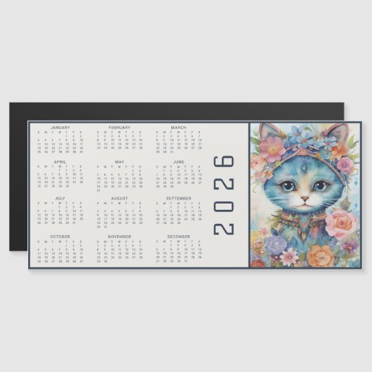 Watercolor Abstract Cat Dressed Florals Calendar Magnetkarte (Vorne/Hinten)