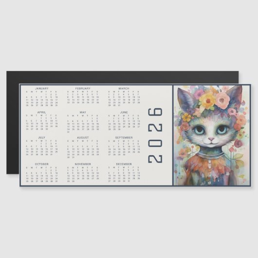 Watercolor Abstract Cat Dressed Florals Calendar Magnetkarte (Vorne/Hinten)