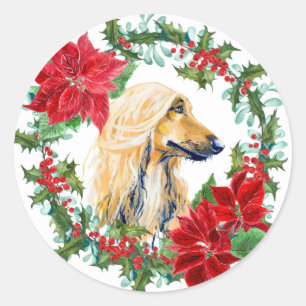 Watercolor Afghan Hound Poinsettia Holiday Wreath Runder Aufkleber