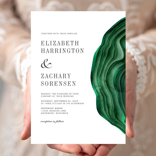 Watercolor Agate Emerald Green Wedding Einladung