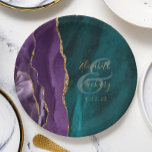 Watercolor Agate Script Lila Gold Aquamarine Hochz Pappteller<br><div class="desc">Diese eleganten,  modernen Hochzeitsfeier-Teller zeichnen sich durch ein lila Aquarelldesign aus,  das mit vergoldetem Glitzer aus Imitaten besticht. Verändern Sie den goldfarbenen Text einfach auf einem aquamarinen blau-agate Hintergrund,  mit den Namen der Braut und des Bräutigams in handgeschriebener Kalligraphie über einen großen Ampersand.</div>