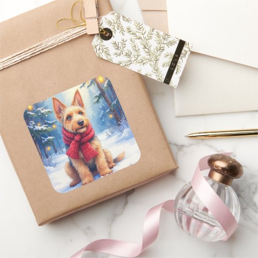 Watercolor Airedale Terrier Snowy Christmas Quadratischer Aufkleber (Schenken)