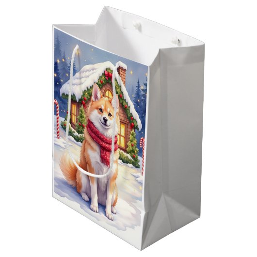 Watercolor Akita Gingerbread House Christmas Mittlere Geschenktüte (Vorderseite Schrägansicht)