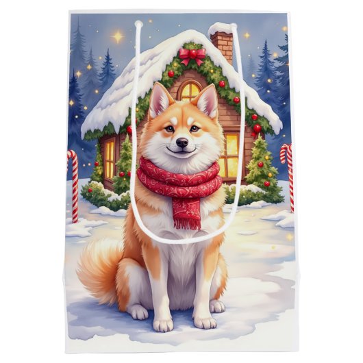 Watercolor Akita Gingerbread House Christmas Mittlere Geschenktüte (Rückseite)