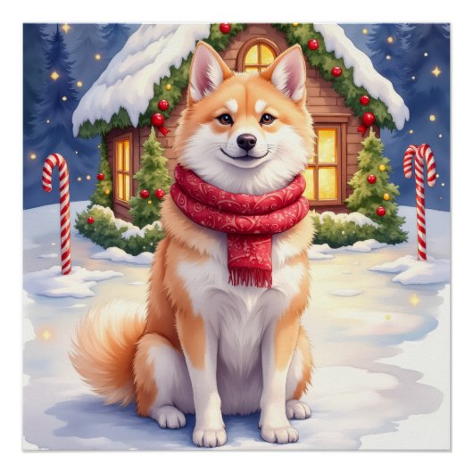 Watercolor Akita Gingerbread House Christmas Poster (Vorderseite)