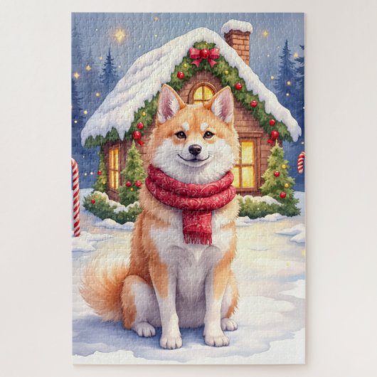 Watercolor Akita Gingerbread House Christmas Puzzle (Vertikal)