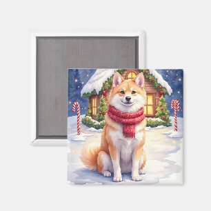 Watercolor-Akita-Lebkuchenhäuschen-Weihnachten  Magnet