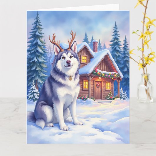 Watercolor Alaskan Malamute Reindeer Christmas Karte (Gelbe Blume)