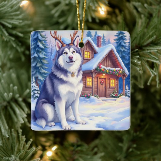 Watercolor Alaskan Malamute Reindeer Christmas Keramikornament (Baum)