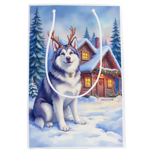 Watercolor Alaskan Malamute Reindeer Christmas Mittlere Geschenktüte (Vorderseite)