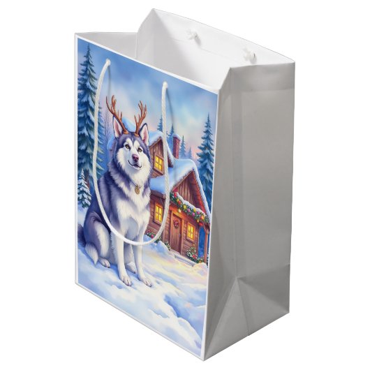 Watercolor Alaskan Malamute Reindeer Christmas Mittlere Geschenktüte (Rückseite Schrägansicht)