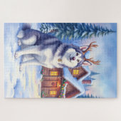 Watercolor Alaskan Malamute Reindeer Christmas Puzzle (Horizontal)