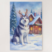 Watercolor Alaskan Malamute Reindeer Christmas Puzzle (Vertikal)