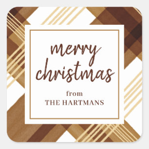 Watercolor Amber Gold Kariert Frohe Weihnachtsbeze Quadratischer Aufkleber