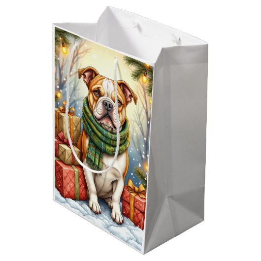 Watercolor American Bulldog Christmas Holiday Mittlere Geschenktüte (Rückseite Schrägansicht)
