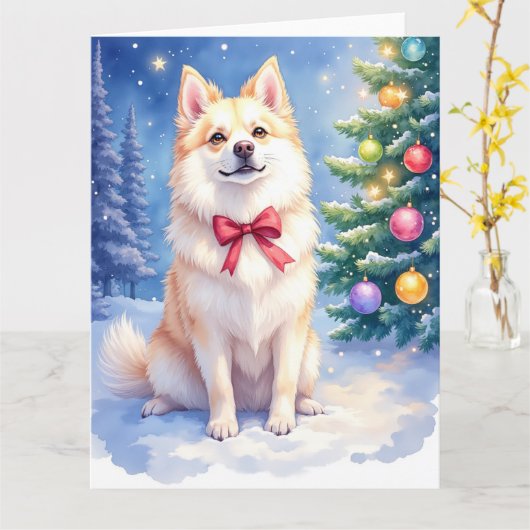 Watercolor American Eskimo Dog Sparkling Christmas Karte (Gelbe Blume)