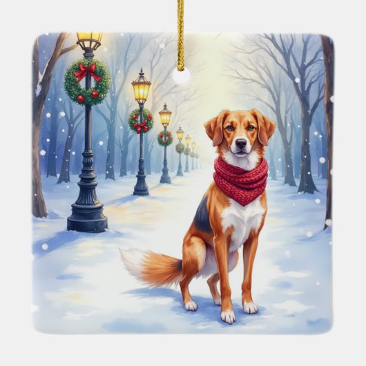 Watercolor American Foxhound Snowy Lamppost Keramikornament (Rückseite)