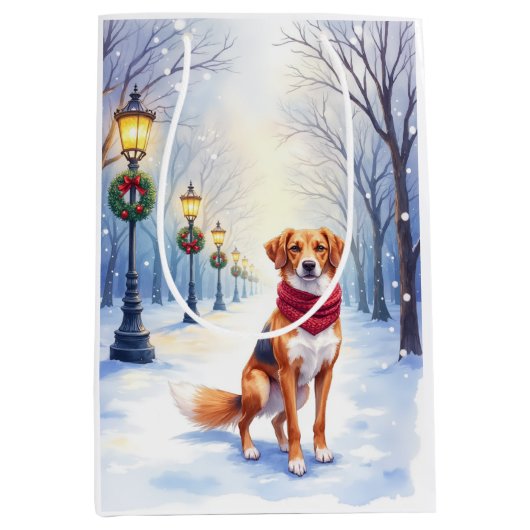 Watercolor American Foxhound Snowy Lamppost Mittlere Geschenktüte (Vorderseite)