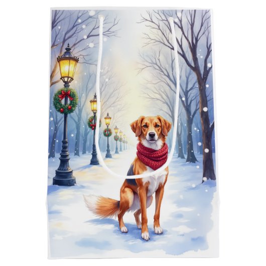 Watercolor American Foxhound Snowy Lamppost Mittlere Geschenktüte (Rückseite)