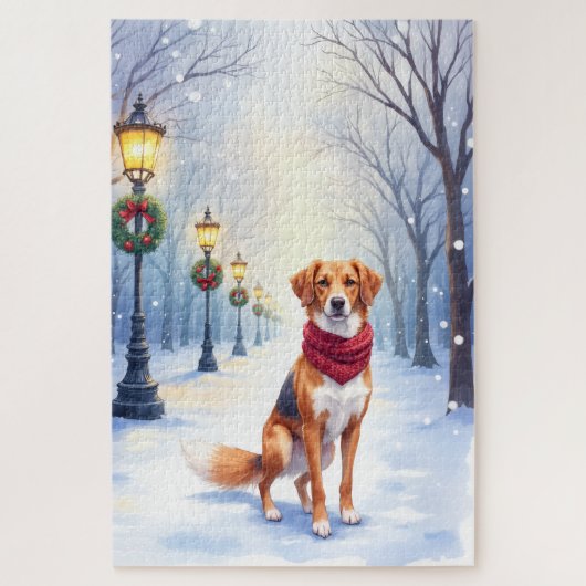Watercolor American Foxhound Snowy Lamppost Puzzle (Vertikal)