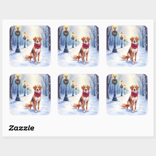 Watercolor American Foxhound Snowy Lamppost Quadratischer Aufkleber (Blatt)