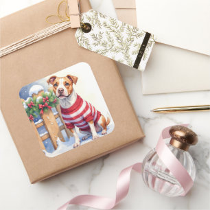 Watercolor American Pit Bull Terrier Festiv Quadratischer Aufkleber