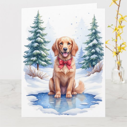 Watercolor American Water Spaniel Frozen Pond Karte (Gelbe Blume)