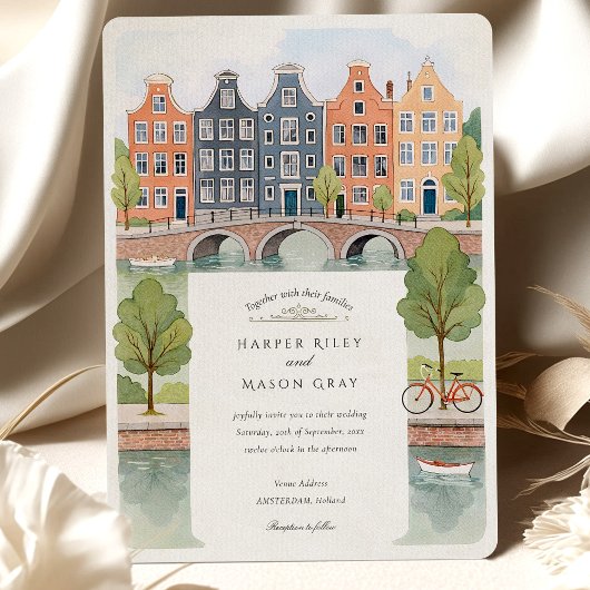 Watercolor Amsterdam Canal Houses & Tulips Wedding Einladung