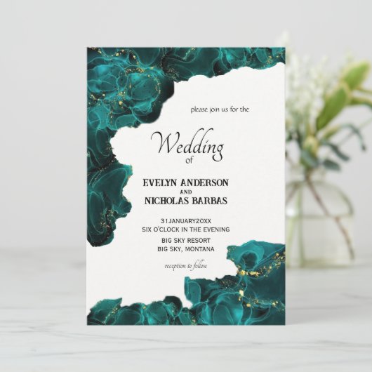 Watercolor Anastasia Black & Green Wedites Einladung (Stehend Vorderseite)