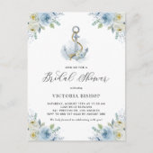 Watercolor Anchor and Blue Flowers Bridal Shower Einladungspostkarte (Vorderseite)