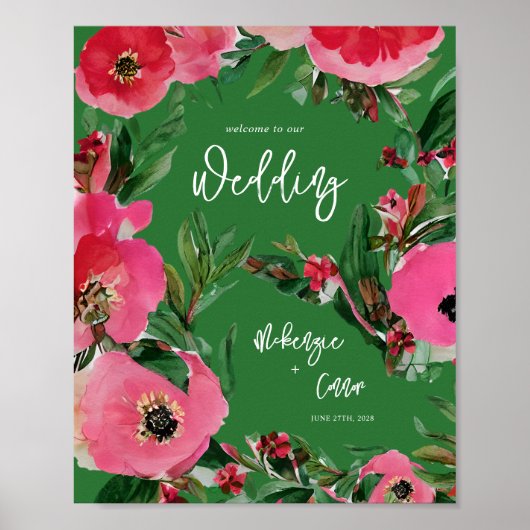 Watercolor Anemone Green Wedding Willkommen Poster (Vorne)