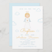 Watercolor Angel Religiöse Taufe Blau Einladung (Vorne/Hinten)