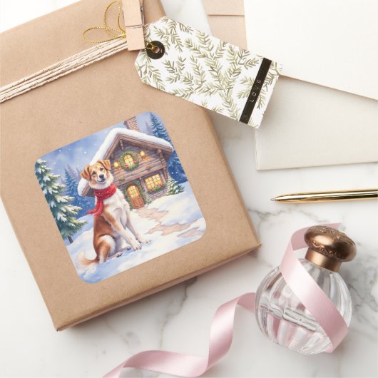 Watercolor Appenzeller Sennenhund Alpine Chalet Quadratischer Aufkleber (Schenken)