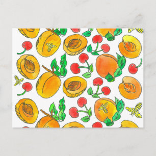 Watercolor Apricot Fruchtkirschen Bienen Postkarte