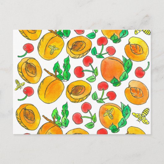 Watercolor Apricot Fruchtkirschen Bienen Postkarte (Vorderseite)