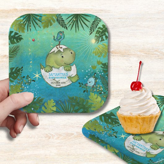 Watercolor Aqua Green Dinosaur Party Plates Pappteller