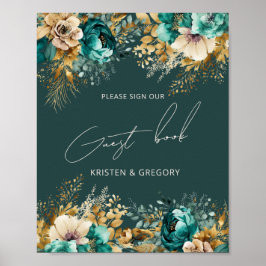 Watercolor Aquamarin Gold Wedding Guest Book Poste Poster