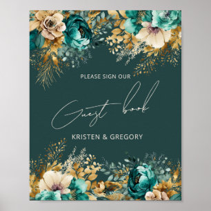 Watercolor Aquamarin Gold Wedding Guest Book Poste Poster